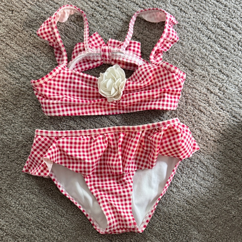Janie and jack Red Gingham Bikini Set with Floral Accent